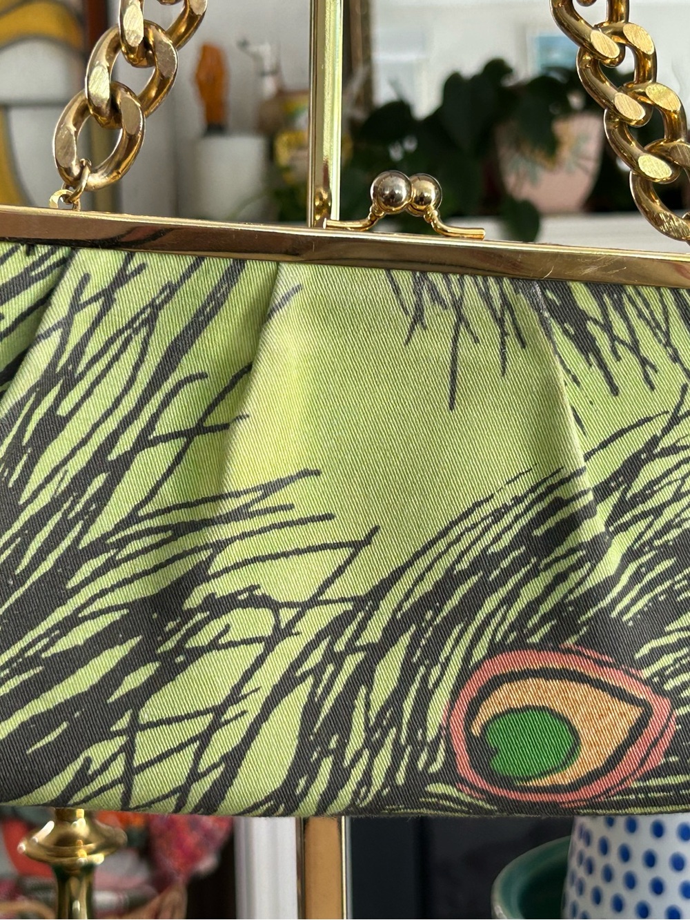 Freddy & Ma Liberty Peacock-Print  Top Chain Shoulder Bag gold kiss lock